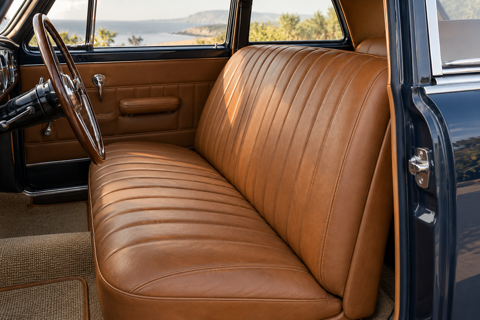 Illustrative saddle leather bench seat in an unbranded classic car